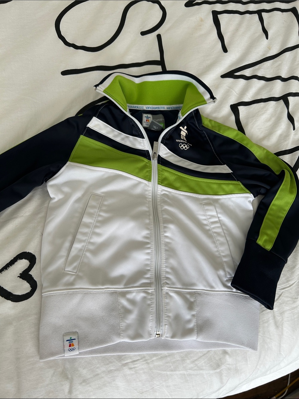 Kids White & Lime Athletic Jacket with Navy Accents - Olympic Logo
